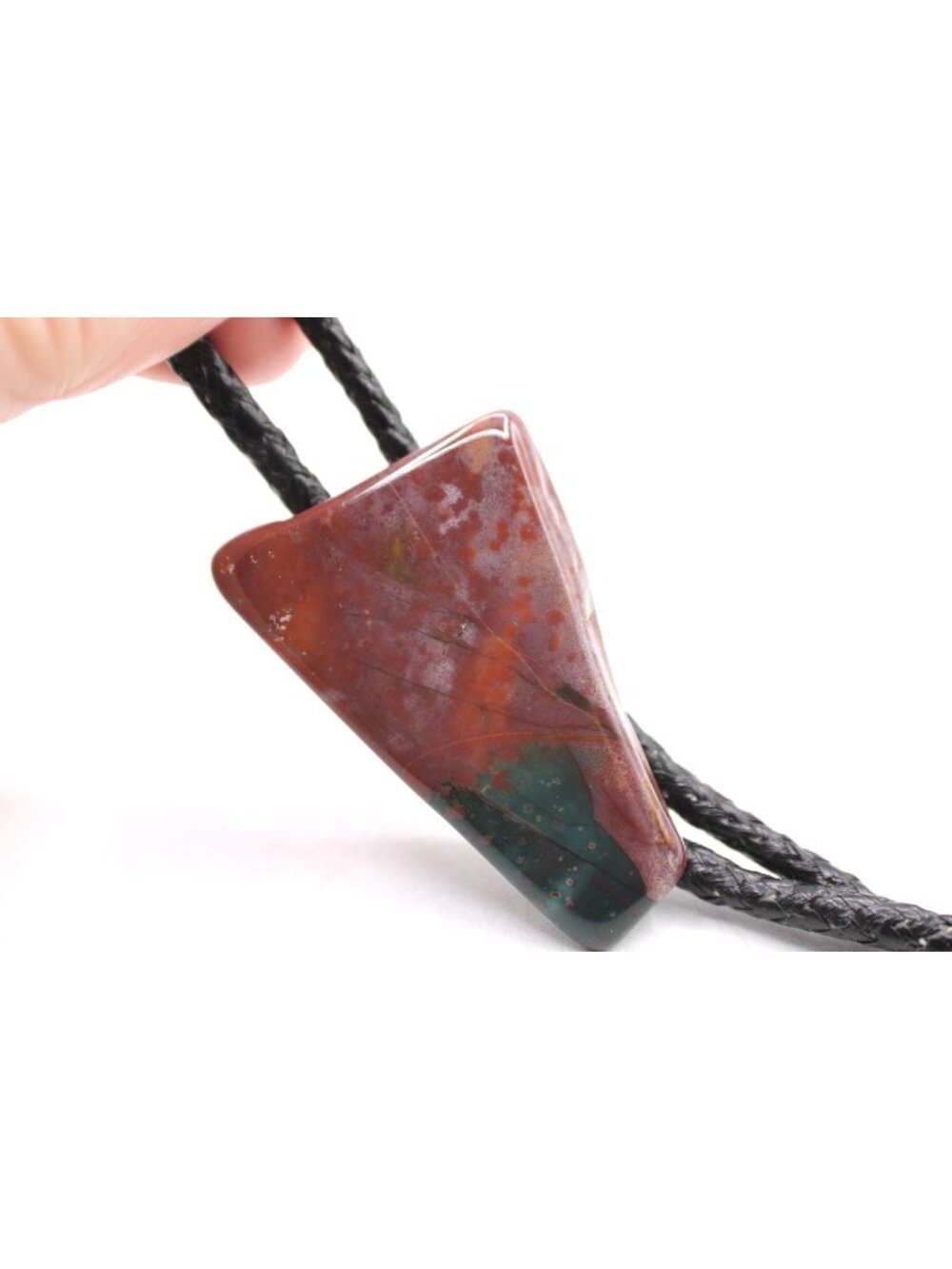 Agate Jasper Stone Artisan Bolo Tie Braided Black Cord Brass Tips Gemstone Vtg